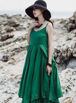 Vintage Green V-neck Irregular Slip Maxi Dress