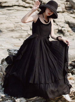 Vintage Black V-neck Irregular Slip Maxi Dress
