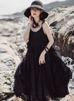 Vintage Black V-neck Irregular Slip Maxi Dress