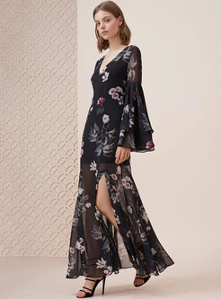 Sexy See-through Split Print Backless Maxi Dress