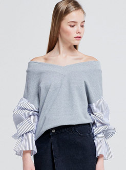 Brief V-neck Striped Splicing Sweatshirt