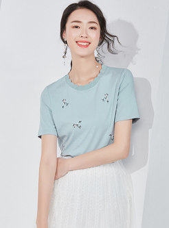 Casual Embroidered O-neck Cotton T-shirt
