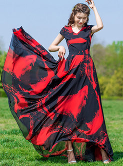Stylish Bohemian Print Big Hem Holiday Maxi Dress