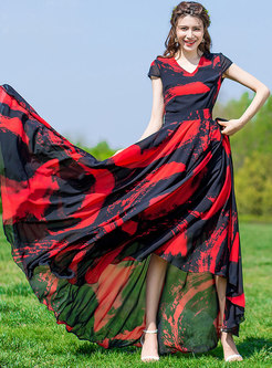 Stylish Bohemian Print Big Hem Holiday Maxi Dress