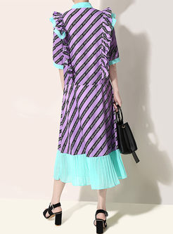 Color-blocked Ribbon Striped Splicing Pleated Dress