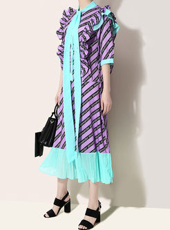 Color-blocked Ribbon Striped Splicing Pleated Dress