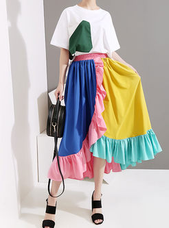 Stylish High Waist Big Hem Color-blocked Skirt