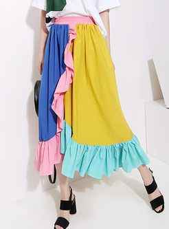 Stylish High Waist Big Hem Color-blocked Skirt