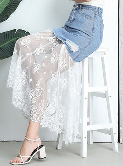Denim Lace Splicing High Waist Skirt