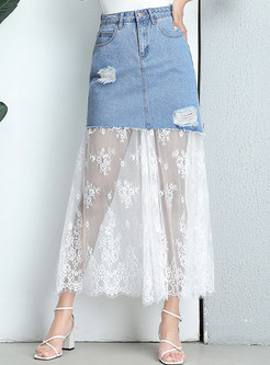 Denim Lace Splicing High Waist Skirt