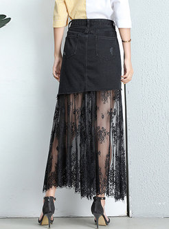 Stylish Lace Splicing Black Slim Skirt