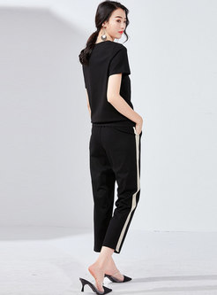 Casual Color-blocked O-neck Top & Straight Pants