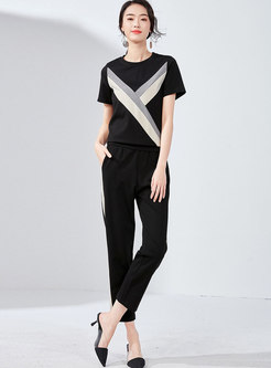 Casual Color-blocked O-neck Top & Straight Pants