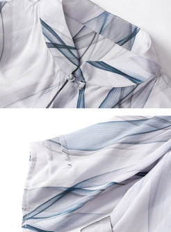 Print Stand Collar Tie-waist Asymmetric Dress
