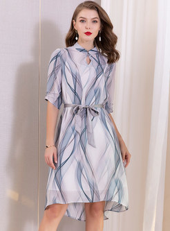 Print Stand Collar Tie-waist Asymmetric Dress