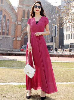 Stylish Pure Color Gathered Waist Maxi Dress
