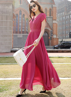Stylish Pure Color Gathered Waist Maxi Dress