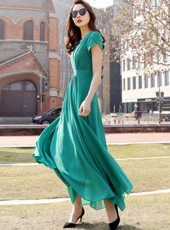 Stylish Pure Color V-neck Big Hem Maxi Dress