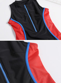 Color-blocked Breathable Zipper One Piece Swimwear