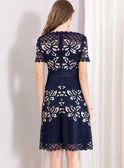 Elegant O-neck Embroidered Slim Midi Dress