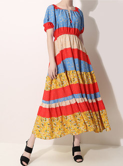 Color-blocked Floral Elastic Waist Slim Dress