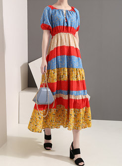 Color-blocked Floral Elastic Waist Slim Dress