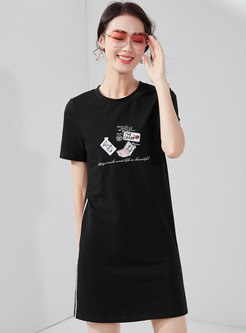Casual Print Splicing O-neck T-shirt Dress