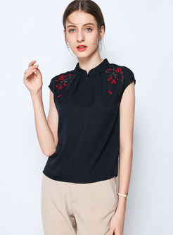 Retro Mandarin Collar Embroidered Slim T-shirt