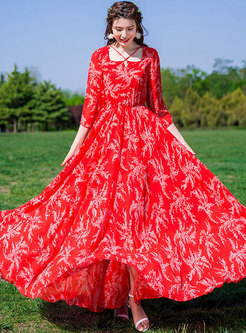 Floral Print Slim Chiffon Big Hem Maxi Dress