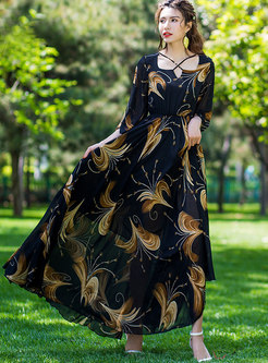 Vintage Summer High Waist Print Maxi Dress