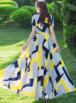 Chiffon Geometric Print Tied Slim Maxi Dress