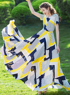 Chiffon Geometric Print Tied Slim Maxi Dress