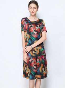 Elegant Print Plus-size Silk Shift Dress