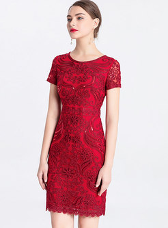Elegant Embroidered O-neck Sheath Mini Dress