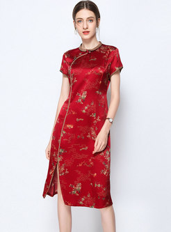Ethnic Print O-neck Red Silk Bodycon Dress