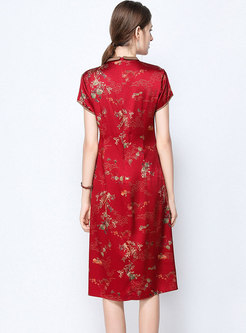 Ethnic Print O-neck Red Silk Bodycon Dress