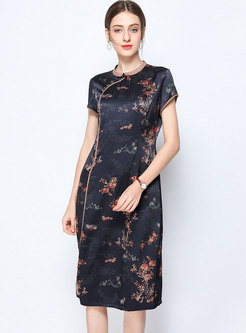 Ethnic Print O-neck Navy Silk Bodycon Dress