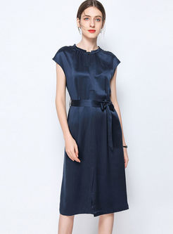 Fashion O-neck Slim Waist Silk A Line Dress