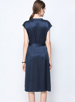 Fashion O-neck Slim Waist Silk A Line Dress