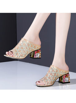 Square Head Chunky Heel Hot Drilling Slippers