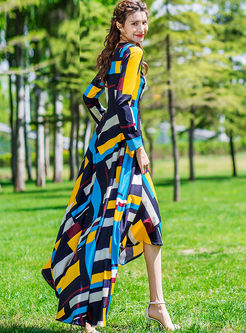 Bohemian V-neck Long Sleeve Geometric Print Dress