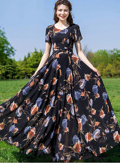 Bohemian O-neck Print Big Hem Chiffon Dress