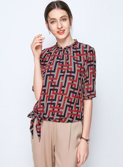 Print Stand Collar Tied Pullover Blouse