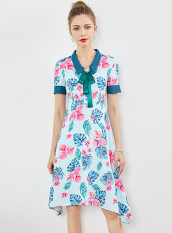 Chic Print Lapel Bowknot Asymmetric Dress