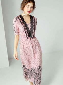Fashion V-neck Lace Splicing Print Dress