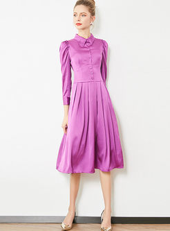 Court Solid Color Lapel Puff Sleeve A Line Dress
