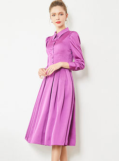 Court Solid Color Lapel Puff Sleeve A Line Dress