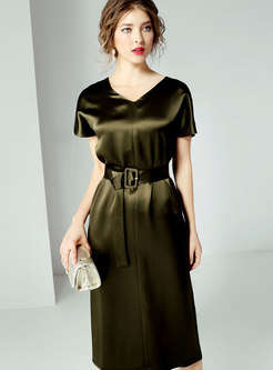Elegant V-neck Solid Color Belted Bodycon Dress