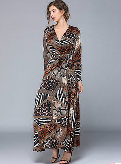 Trendy Long Sleeve Leopard Splicing Maxi Dress