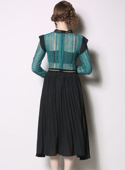 Stylish Hollow Out Lace Splicing Chiffon Pleated Dress